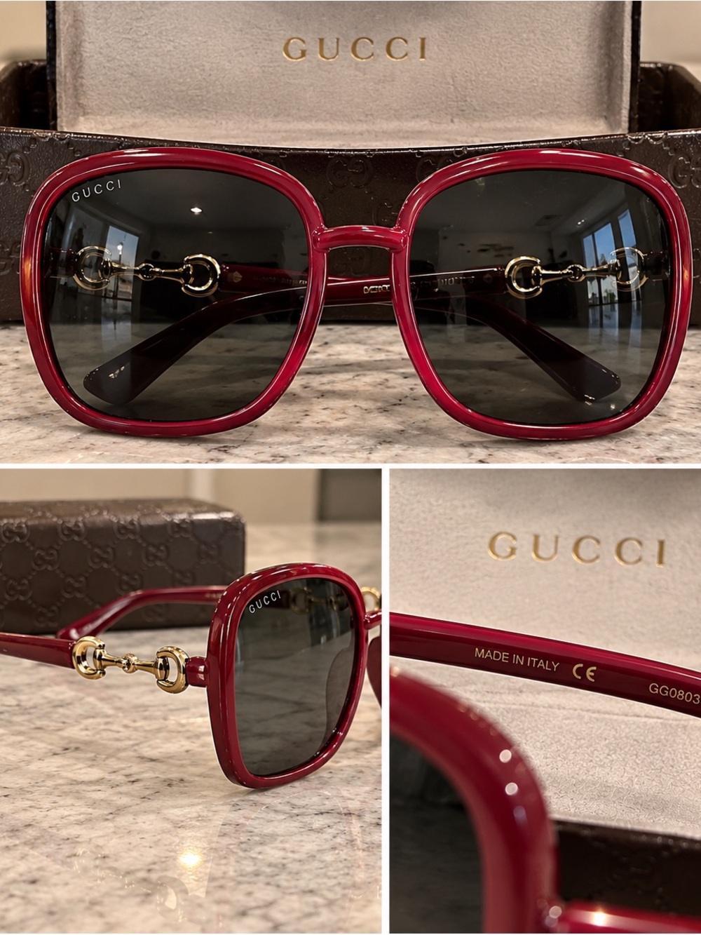 Gucci Women’s Burgundy Square Frame Sunglasses with Gold Horsebit